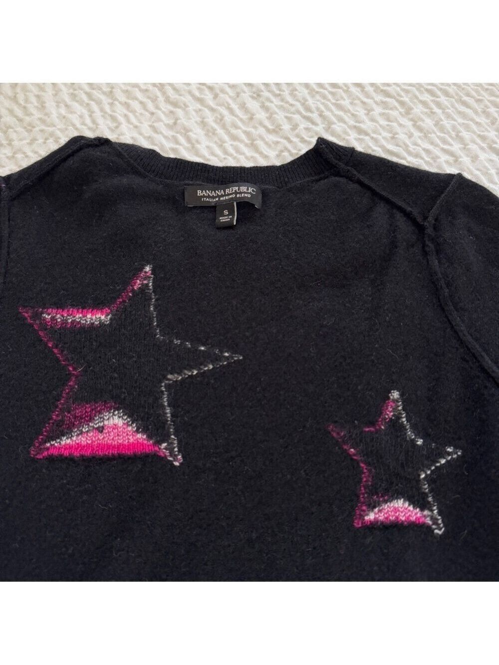 Banana Republic Italian Merino Wool Crewneck Stars Sweater, Black, Size Small - Picture 8 of 9